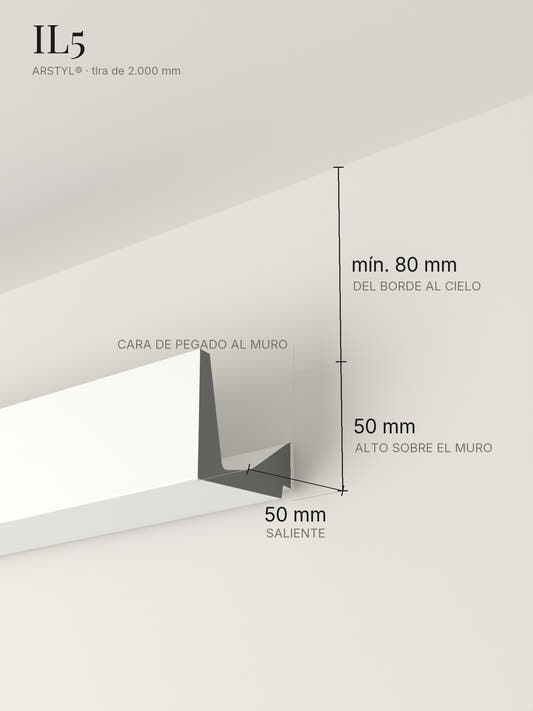 Moldura de luz indirecta IL5 instalada en el muro a 80 mm del cielo, con sus medidas: 50 mm de alto, 50 mm de saliente