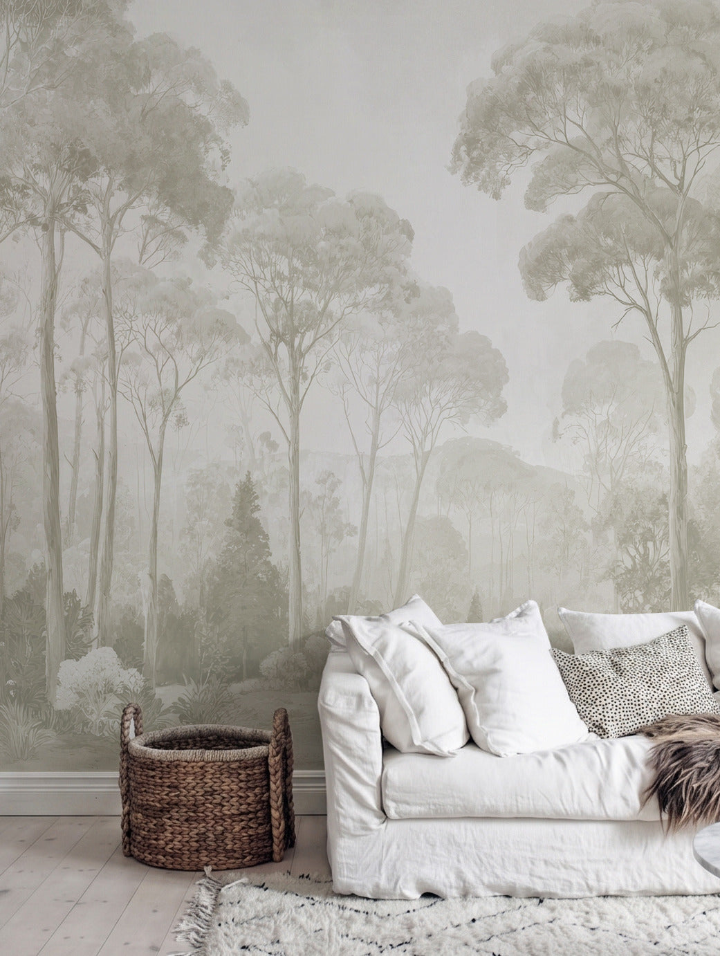 Papel mural Dosel I Beige en un ambiente decorado: mural de bosque en tonos beige y verde grisáceo.