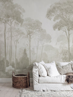 Papel mural Dosel I Beige en un ambiente decorado: mural de bosque en tonos beige y verde grisáceo.