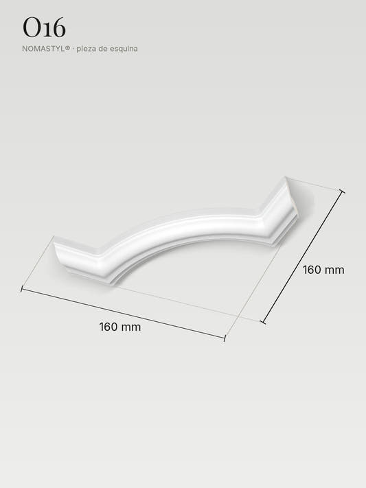 Esquinero O16 con sus medidas: 160 mm de ancho, 160 mm de alto y 20 mm de relieve
