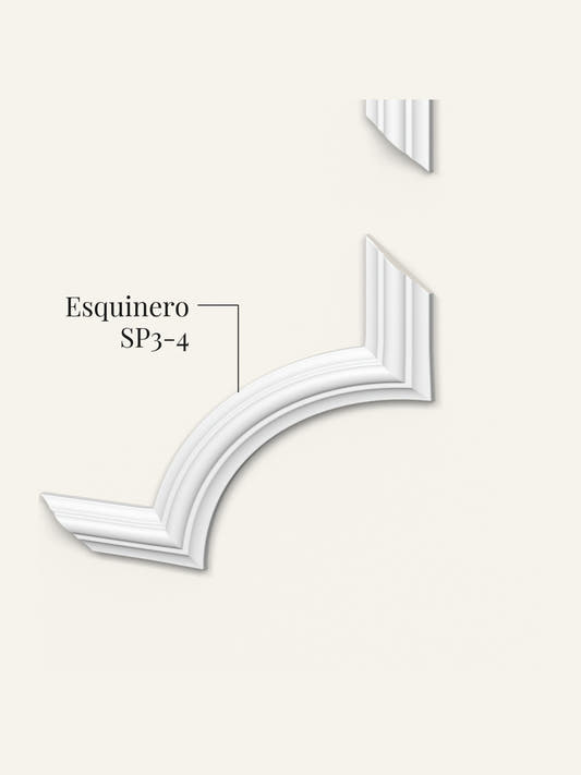 Esquinero SP3-4, pieza de esquina curva con tramos de guardasilla, sobre fondo crema