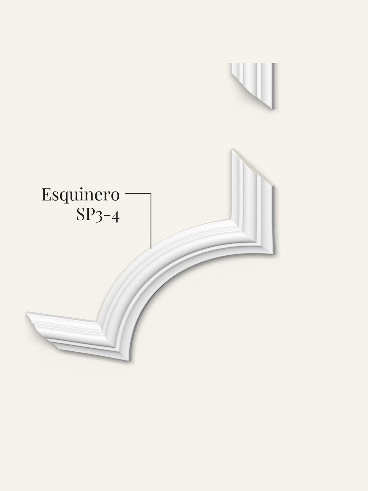 Esquinero SP3-4, pieza de esquina curva con tramos de guardasilla, sobre fondo crema
