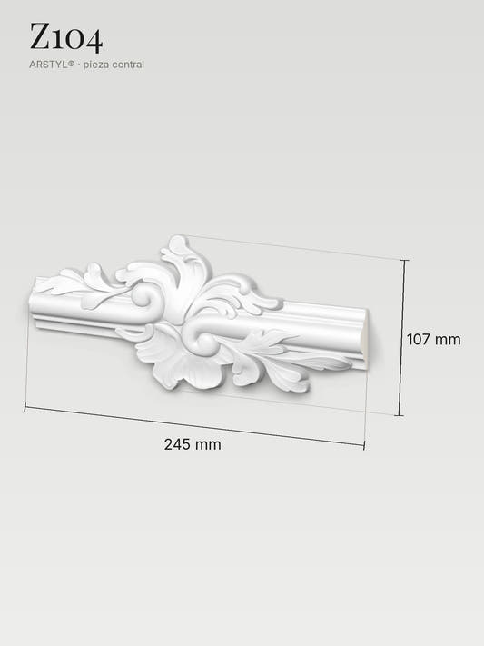 Esquinero Z104 con sus medidas: 245 mm de largo, 107 mm de alto y 18 mm de relieve