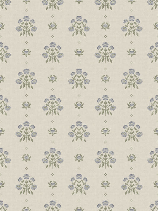 Papel mural Florencia, detalle del diseño: ramos de flores azul grisáceo sobre textura de lino.