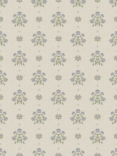 Papel mural Florencia, detalle del diseño: ramos de flores azul grisáceo sobre textura de lino.