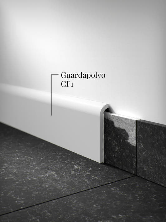 Guardapolvo CF1 instalado sobre un zócalo existente, con su borde superior redondeado, entre el muro y el piso