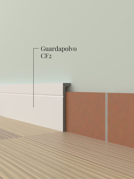 Guardapolvo CF2 instalado sobre un zócalo existente, con su remate superior recto, entre el muro y el piso