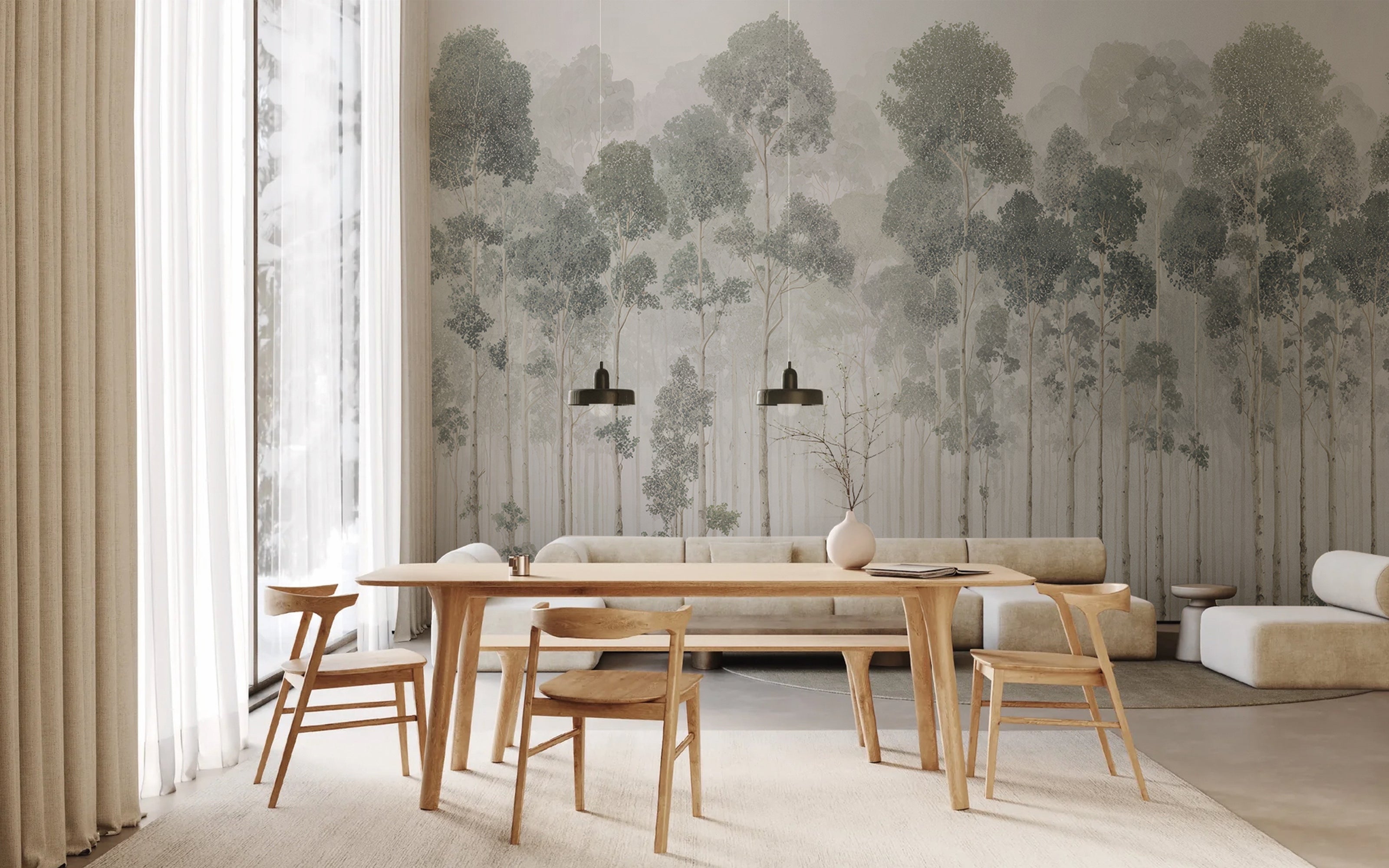 Comedor con papel mural Blend, diseño de bosque en tonos verdes y grises