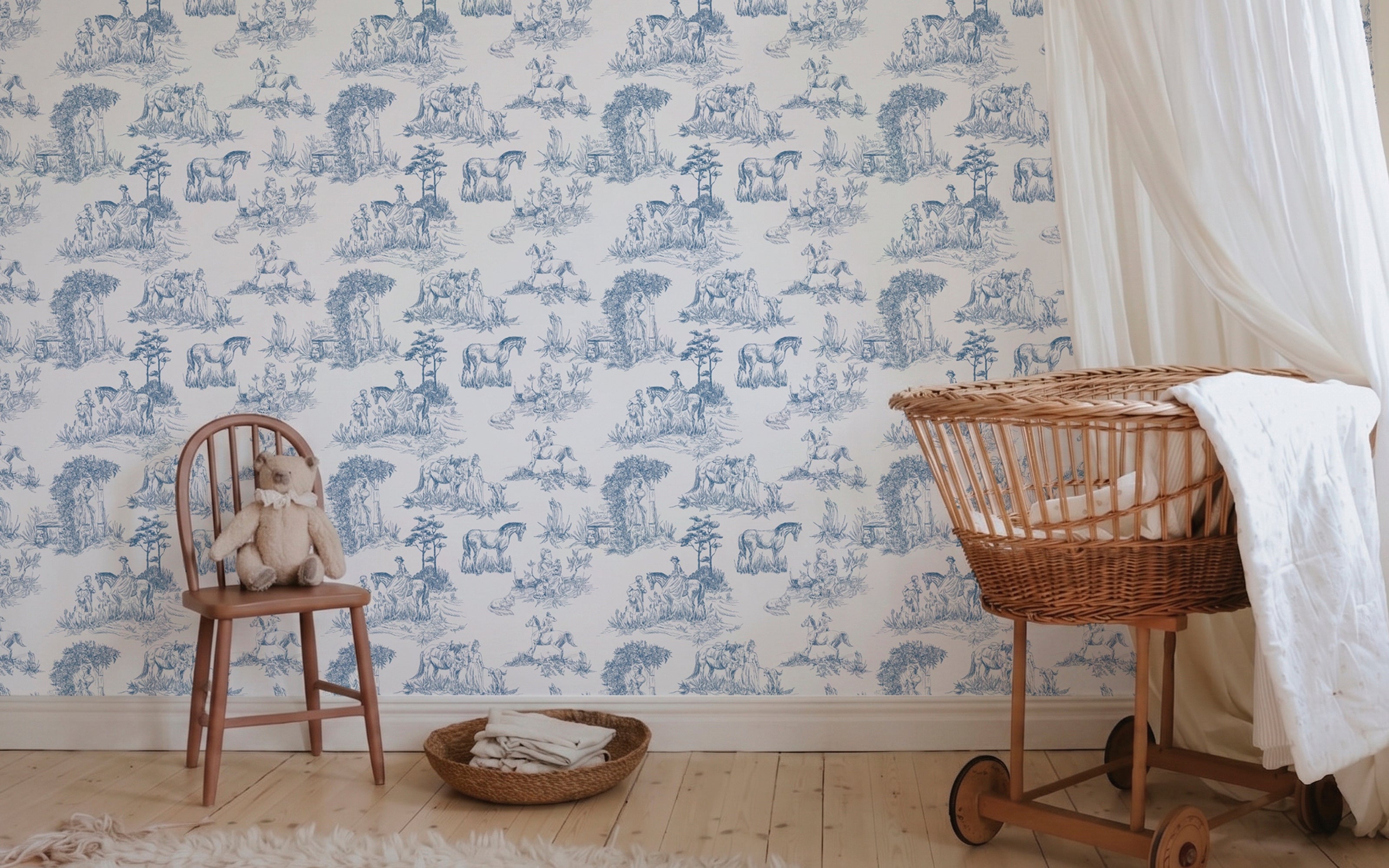 Pieza de guagua con papel mural Toile de Jouy Azul, escenas pastoriles en azul