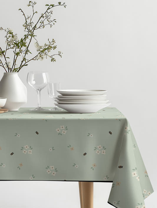 Mantel de hule Abejitas sobre una mesa