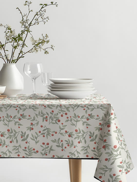 Mantel de hule Botanical Red sobre una mesa