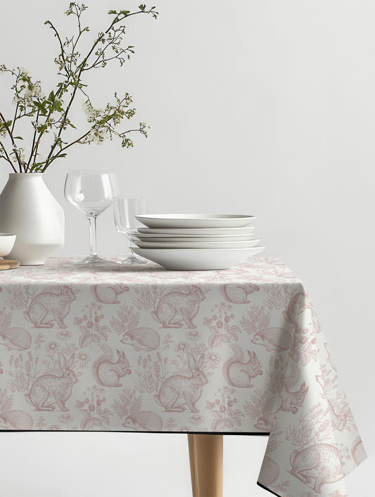 Mantel de hule Dulce Bosque Rosado sobre una mesa