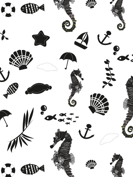 Mantel de hule SEAHORSE AND SEA PLANTS BLACK WHITE, detalle del diseño