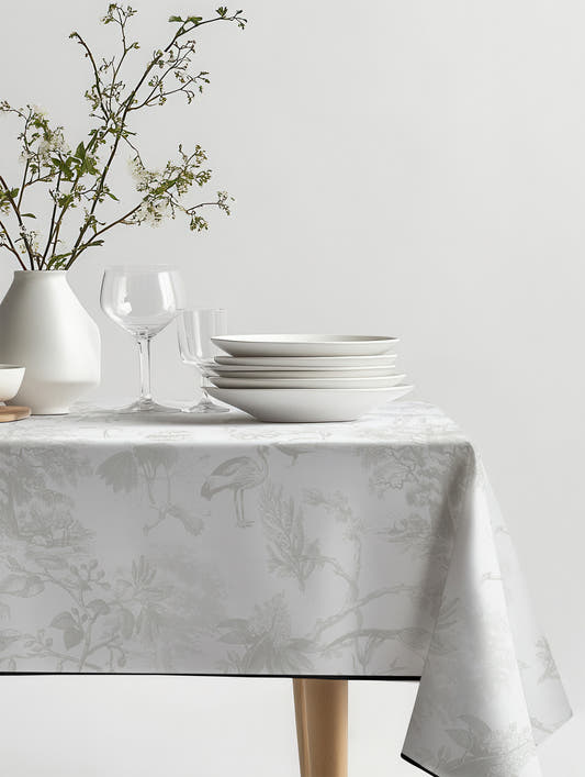 Mantel de hule Vintage Nature Gray sobre una mesa