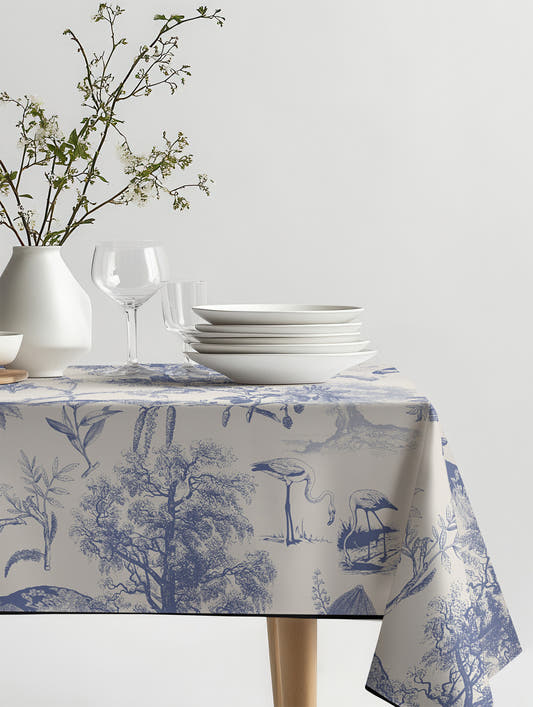 Mantel de hule Vintage Nature Blue sobre una mesa