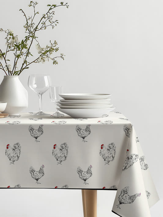 Mantel de hule gallos sobre una mesa