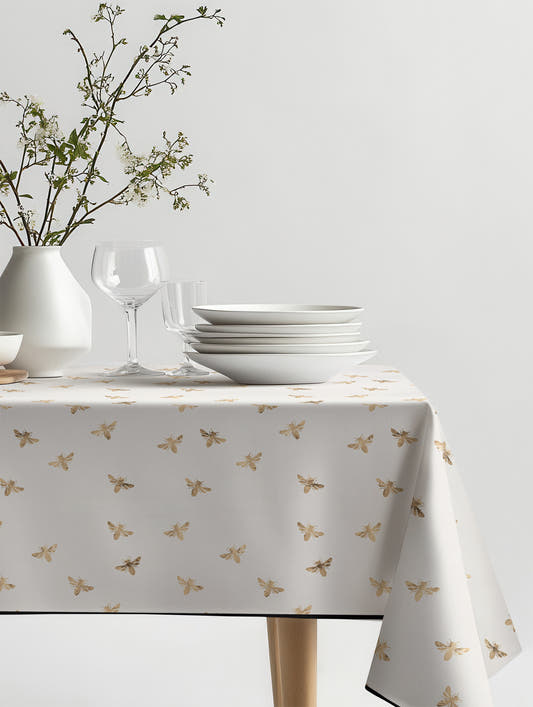 Mantel de hule Gold Bee sobre una mesa
