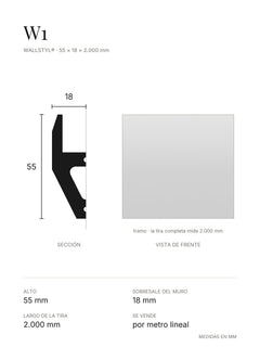 Plano de la moldura muro W1: sección, vista de frente y tabla de medidas