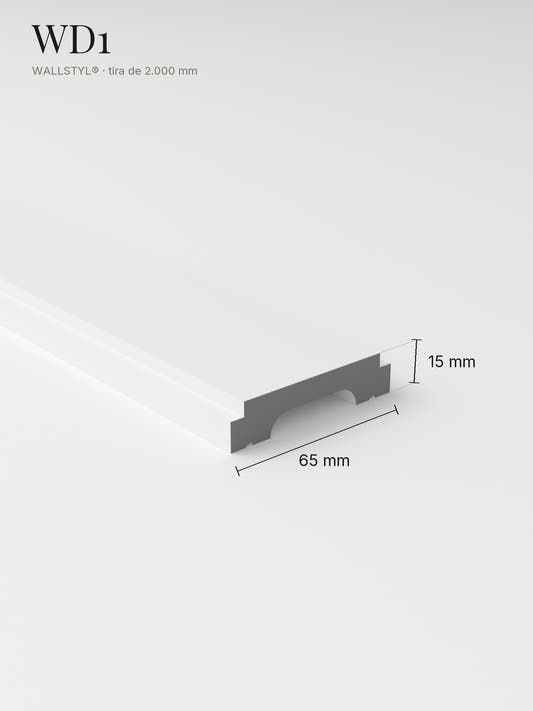 Moldura muro WD1 con sus medidas: 65 mm de alto y 15 mm de saliente