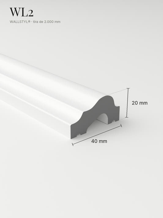 Moldura muro WL2 con sus medidas: 40 mm de alto y 20 mm de saliente