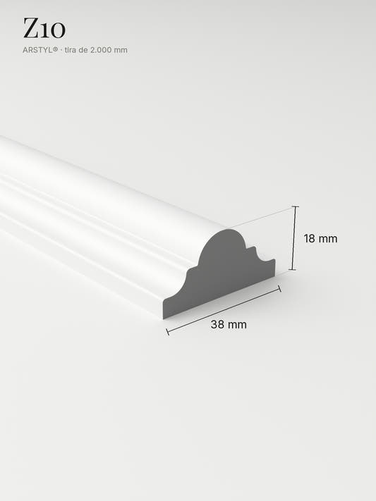 Moldura muro Z10 con sus medidas: 38 mm de alto y 18 mm de saliente