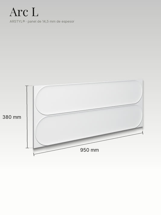 Panel Arc L con sus medidas: 380 mm de ancho, 950 mm de alto y 14,5 mm de espesor