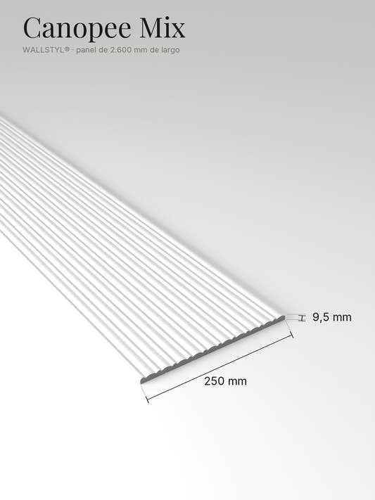 Panel Canopee Mix con sus medidas: 250 mm de ancho, 9,5 mm de espesor y 2.600 mm de largo