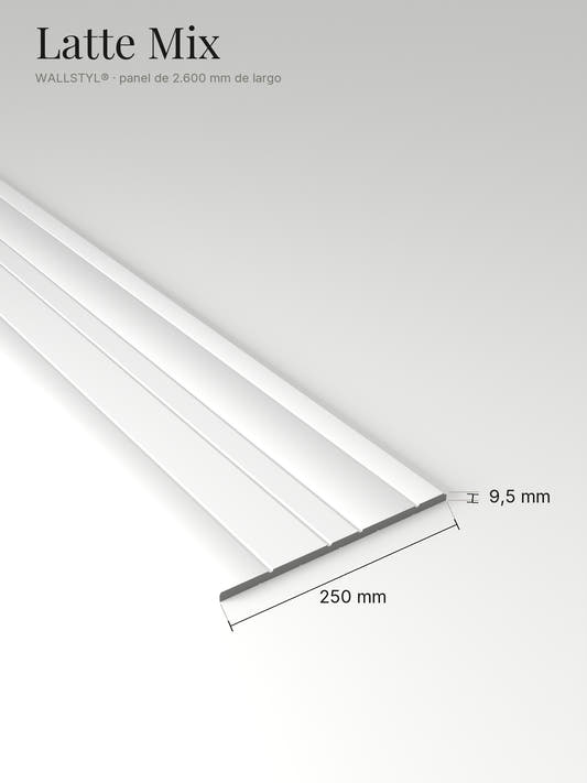 Panel Latte Mix con sus medidas: 250 mm de ancho, 9,5 mm de espesor y 2.600 mm de largo