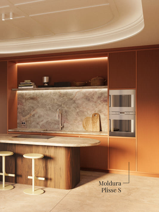 Cocina con frentes de panel Plisse S de pliegues finos pintados en terracota y una isla de madera