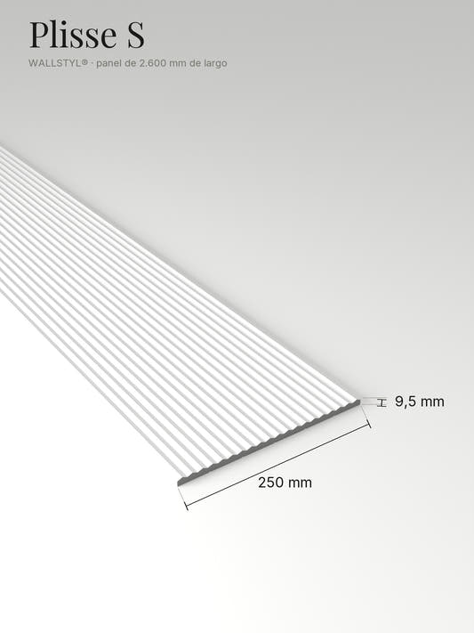 Panel Plisse S con sus medidas: 250 mm de ancho, 9,5 mm de espesor y 2.600 mm de largo