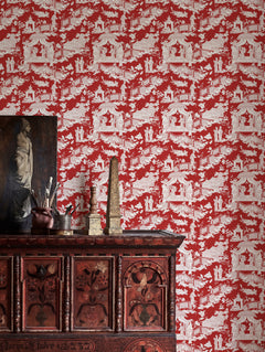 Papel mural Mulan Rojo en un ambiente decorado: chinoiserie de pagodas en blanco sobre rojo.