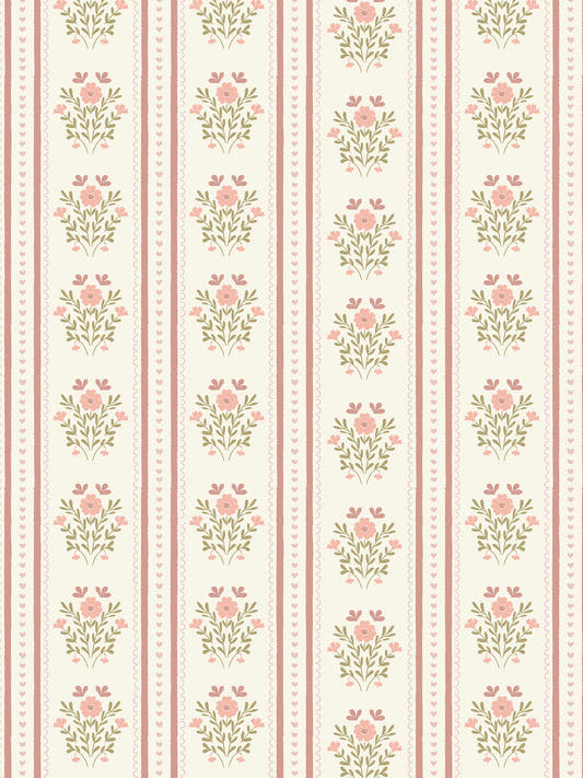 Papel mural Ana, detalle del diseño: guirnaldas de flores rosadas entre rayas coral.