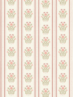 Papel mural Ana, detalle del diseño: guirnaldas de flores rosadas entre rayas coral.