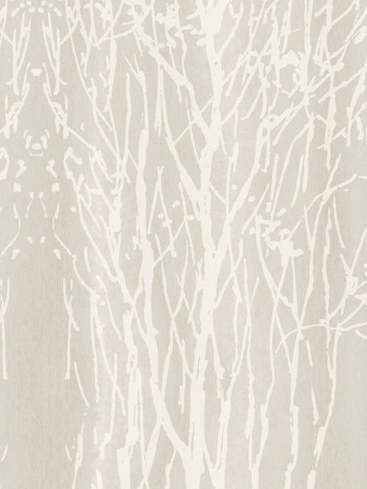 Papel mural Arbolada II, detalle del diseño: bosque de troncos y ramas blancas sobre fondo beige texturizado.