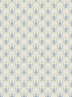 Papel mural Augusta, detalle del diseño: pequeño motivo floral azul grisáceo en red ordenada.