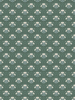 Papel mural Augusta Verde, detalle del diseño: motivo floral crema sobre fondo verde profundo.