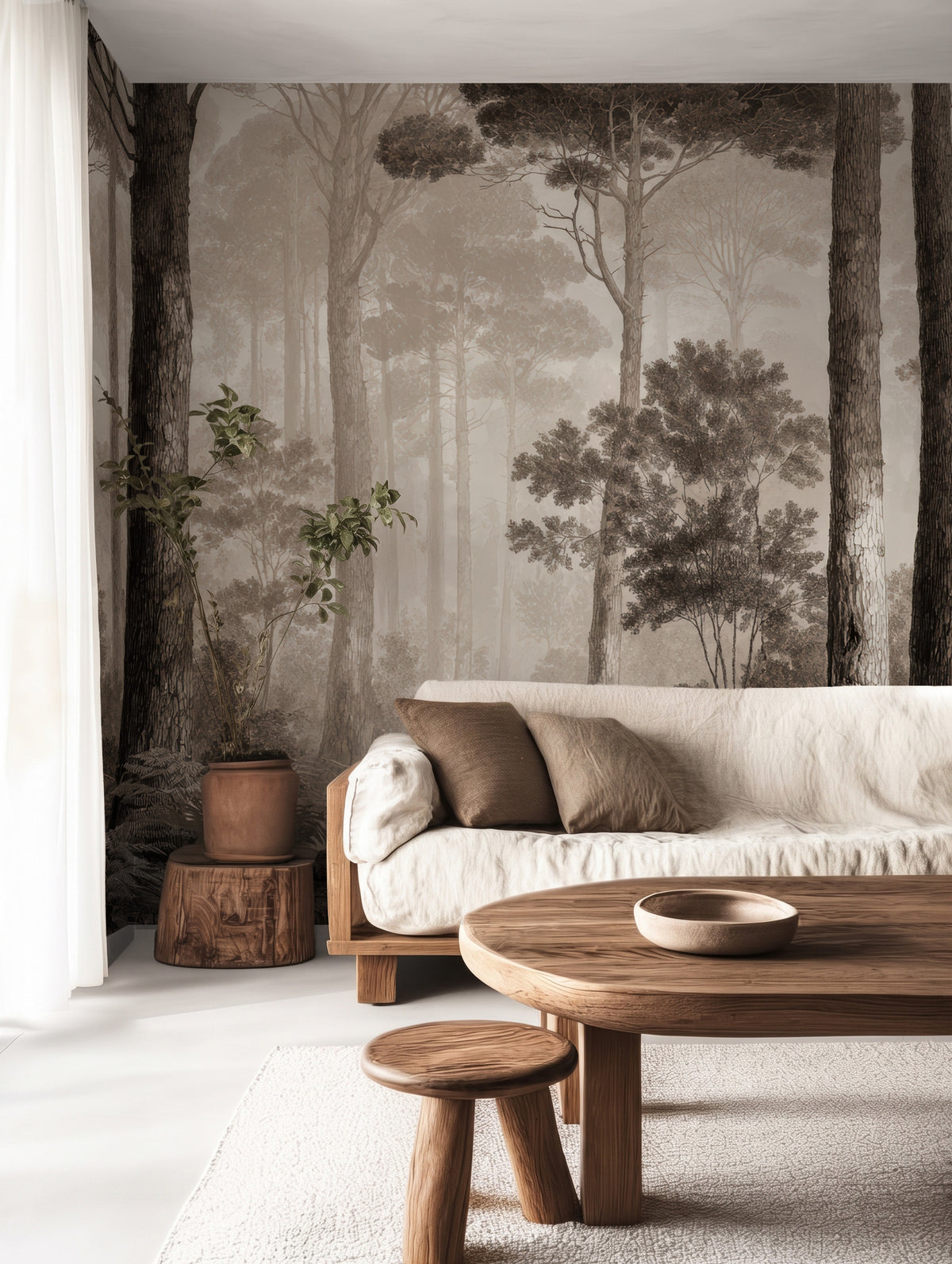 Papel mural Bosque en Sepia en un ambiente decorado: bosque de pinos entre la neblina en tonos sepia.