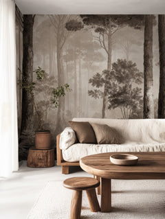 Papel mural Bosque en Sepia en un ambiente decorado: bosque de pinos entre la neblina en tonos sepia.