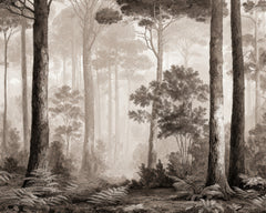 Papel mural Bosque en Sepia, detalle del diseño: bosque de pinos entre la neblina en tonos sepia.