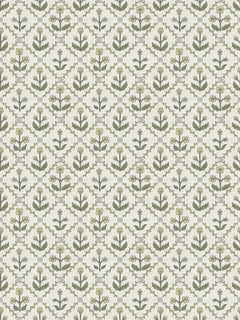 Papel mural Carlota Amarillo, detalle del diseño: flores estilizadas verde oliva y amarillo en red de rombos.