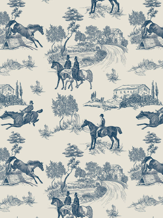 Papel mural Charles Blue, detalle del diseño: toile de jinetes y caballos en azul marino.