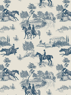 Papel mural Charles Blue, detalle del diseño: toile de jinetes y caballos en azul marino.