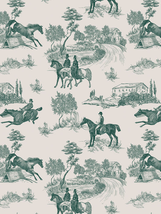 Papel mural Charles Green, detalle del diseño: toile de jinetes y caballos en verde bosque.