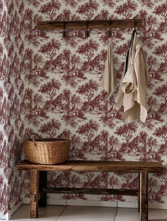 Papel mural Cottage en un ambiente decorado: escenas campestres toile en rojo granate.