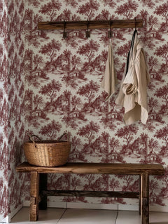 Papel mural Cottage en un ambiente decorado: escenas campestres toile en rojo granate.