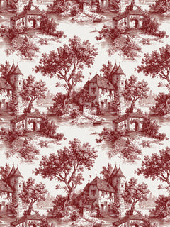 Papel mural Cottage, detalle del diseño: escenas campestres toile en rojo granate.