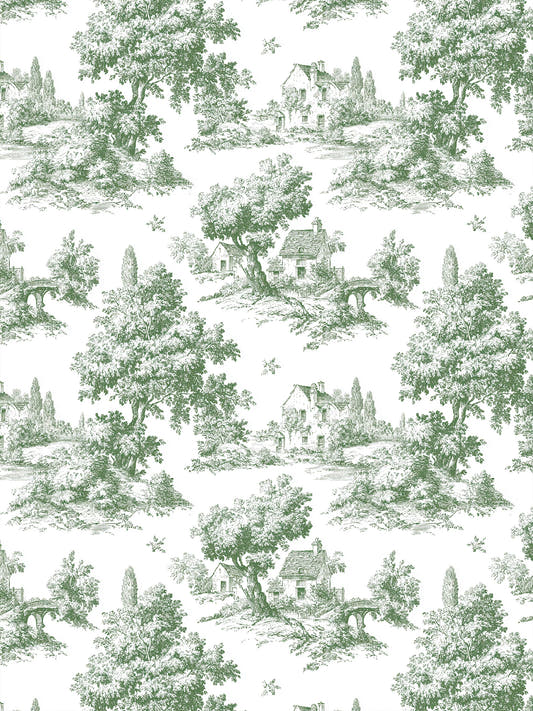 Papel mural Country, detalle del diseño: paisaje campestre toile en verde sobre blanco.