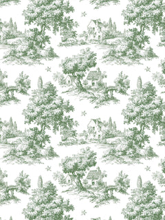 Papel mural Country, detalle del diseño: paisaje campestre toile en verde sobre blanco.