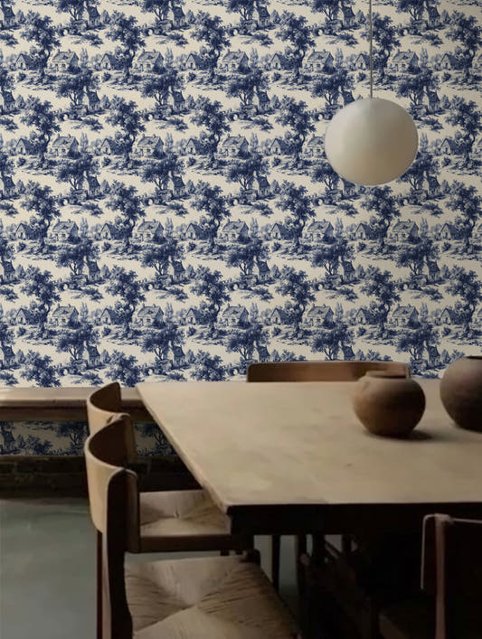 Papel mural Country House en un ambiente decorado: toile de casas de campo en azul marino.