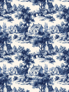 Papel mural Country House, detalle del diseño: toile de casas de campo en azul marino.